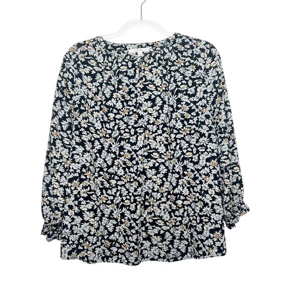 FUN2FUN Loose Fit Floral Blouse Long Sleeve Keyhole Front Black White Size Large - Picture 7 of 7